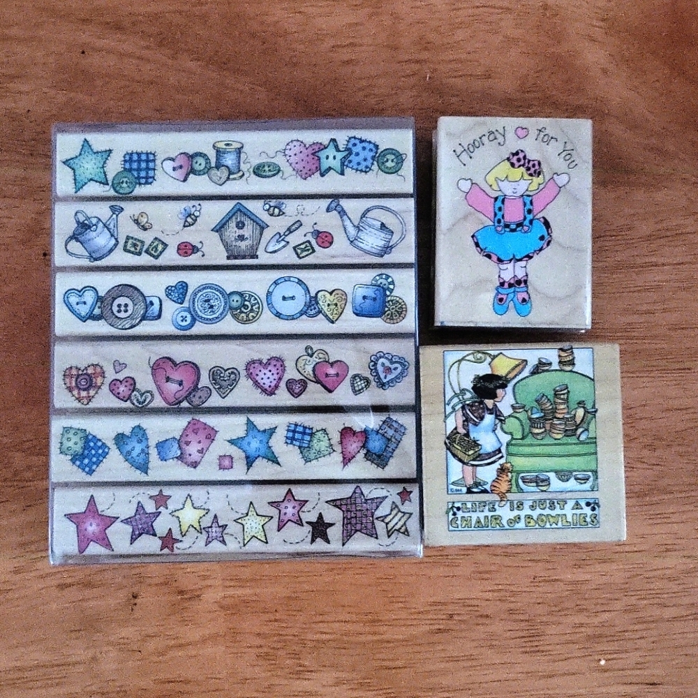 Lot of Wood Rubber Ink Stamps Vintage 90s Bundle